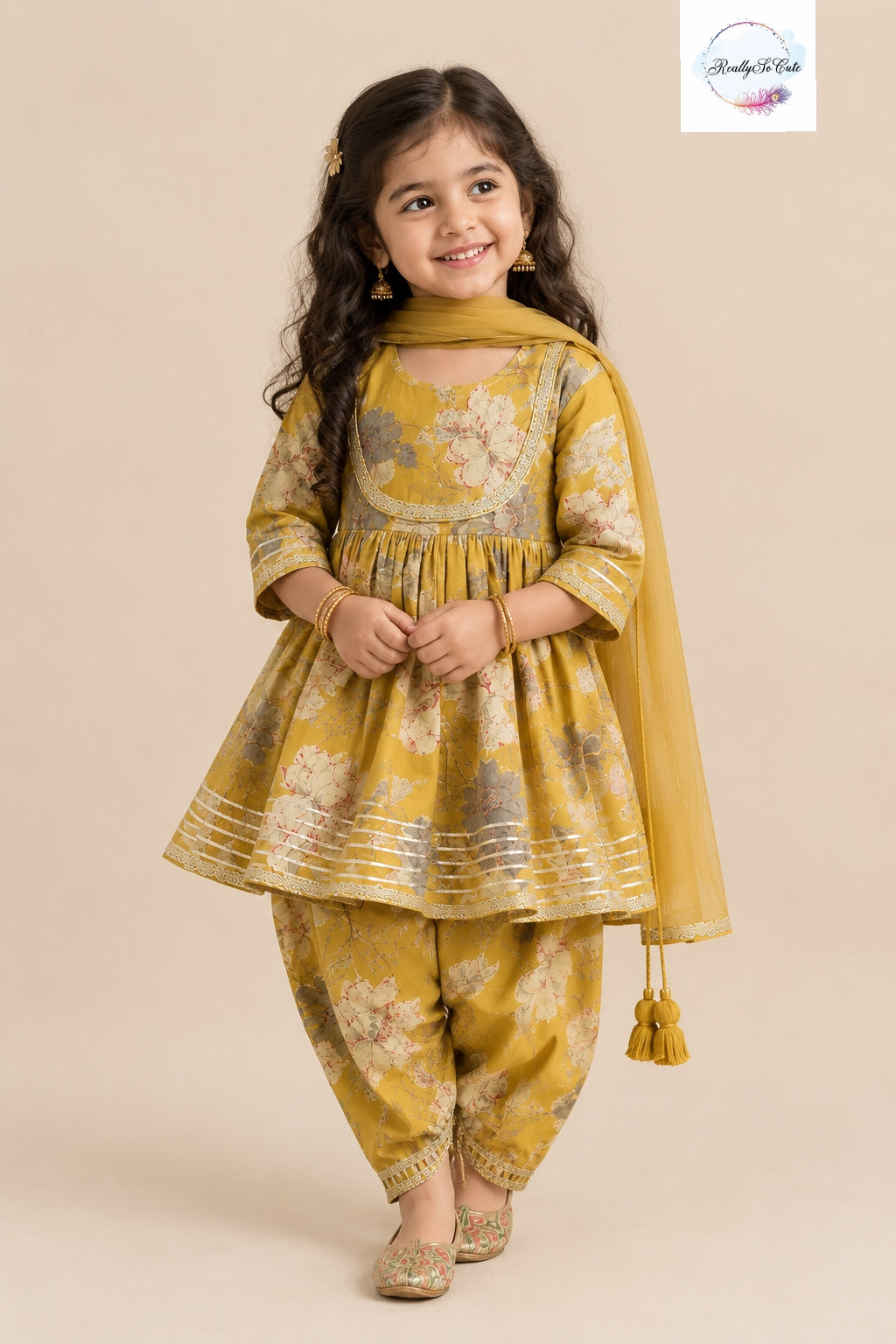 Mustard Floral Pure Cotton Girls Dhoti Set with Dupatta | Sibling Matching Collection