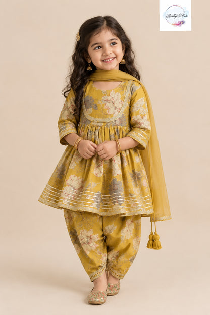 Mustard Floral Pure Cotton Girls Dhoti Set with Dupatta | Sibling Matching Collection