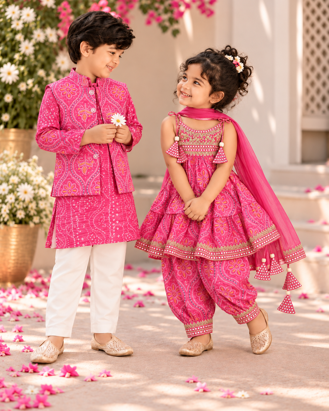 Pink Bandhani Muslin Cotton Afghan Salwar Set, sibling combo