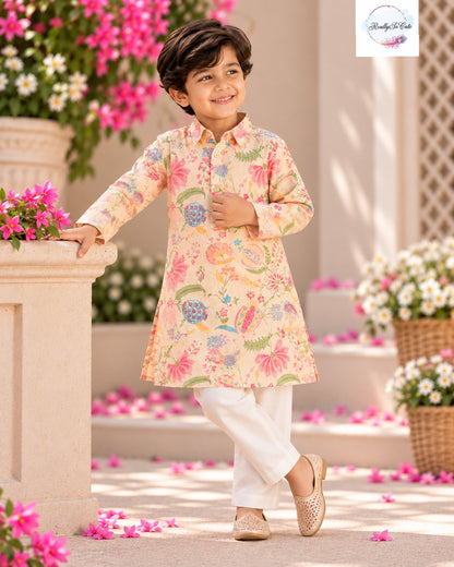 Boys Pure Cotton Floral Kurta Pajama | Sibling Matching Set