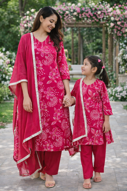 Pink Floral Muslin Kurta Set for Women with Pockets | Mom & Me Matching Available | S–XXL