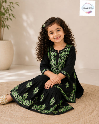 Girls Black & Green Handwork Chikankari Sharara Set | Soft Cotton