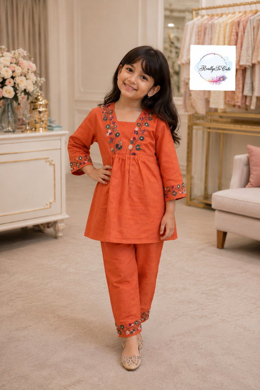 Crimson Orange Embroidered Cotton Co-Ord Set for Girls | Matching Mom & Daughter Outfit