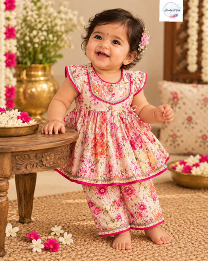 Pink Floral Pure Cotton Baby Girl Kurta Pant Set | 0–2 Years