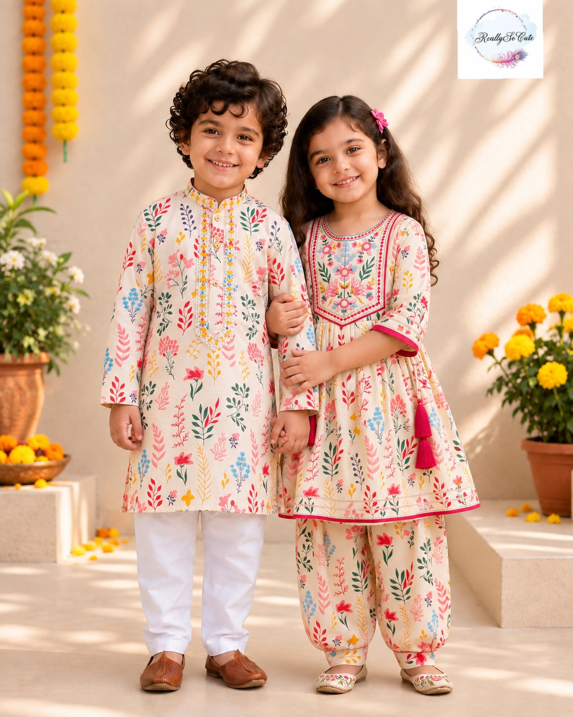 Girls Pure Cotton Floral Ethnic Set | Matching Sibling Combo
