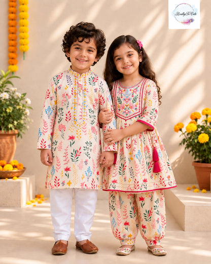 Girls Pure Cotton Floral Ethnic Set | Matching Sibling Combo
