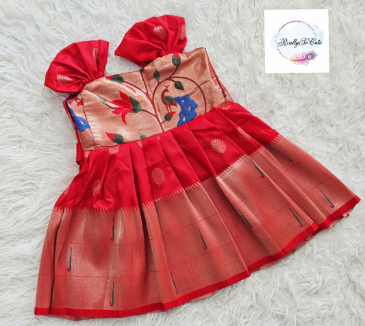 Traditional paithani dresses, baby girls ethnic wear, red Paithani dress