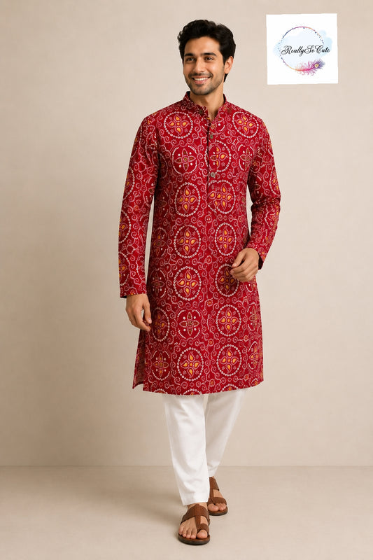 Red Bandhani Print Pure Cotton Men’s Kurta Pajama Set | Ethnic Festive Wear | Sizes S–XXXL | Family Combo Available
