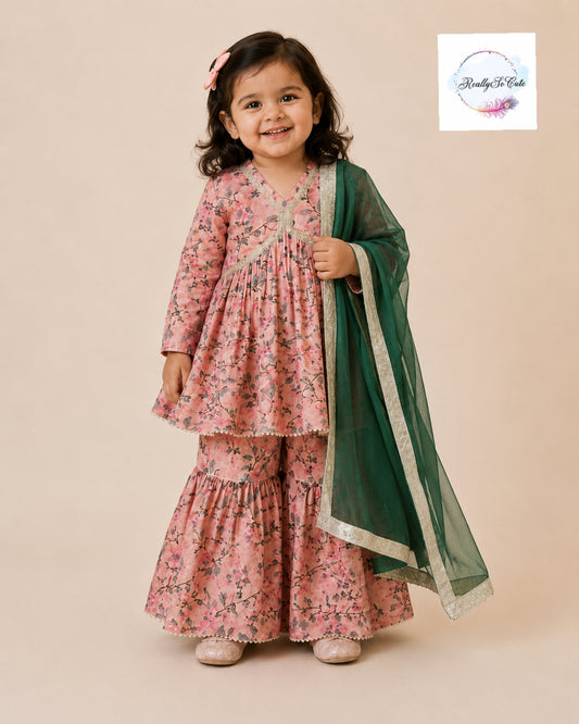 Pink Floral Pure Cotton Sharara Set for Girls | Newborn to 15 Years | Matching Sibling Outfit