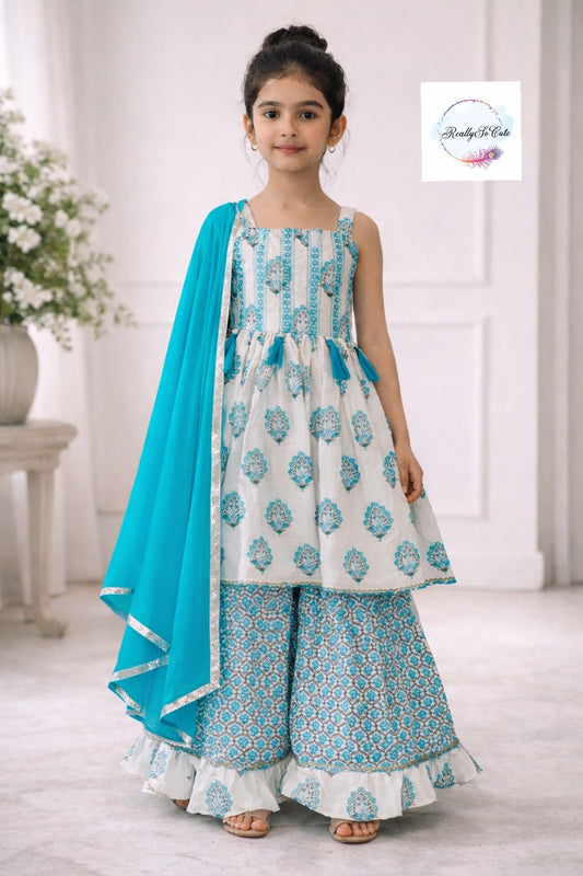 Aqua Blue Cotton Ethnic Girl Set | Soft Festive Indian Outfit for Kids (Girl set only)block print set