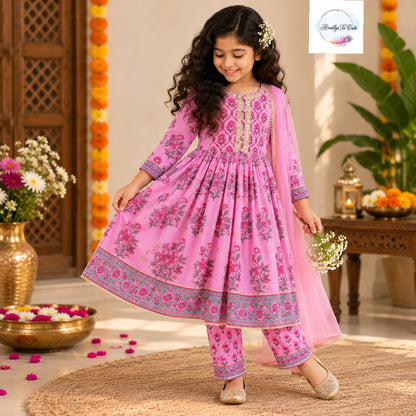 Pink Floral Pure Cotton Anarkali Set with Dupatta – Girls