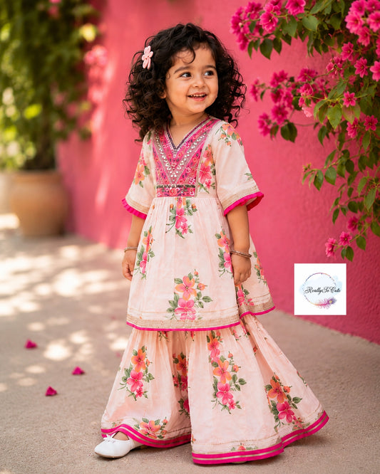 Blush Pink Floral Cotton Sharara Set for Girls | Embroidered Ethnic Wear with Tassel Tie | Sizes 3M–10 Years