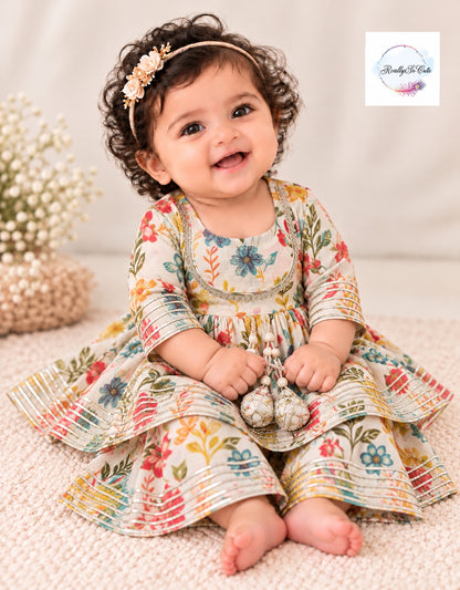 Baby Girls Floral Ethnic Wear Set (0–6 Months) | Peplum Dhoti & Kurti Sharara