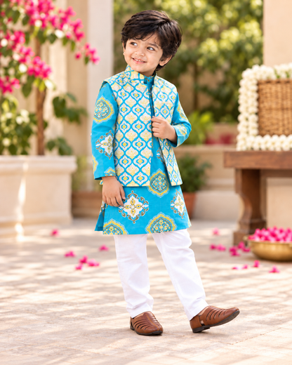 Boys Pure Cotton Printed Kurta Pajama with Nehru Jacket Set  | 1–10 Years