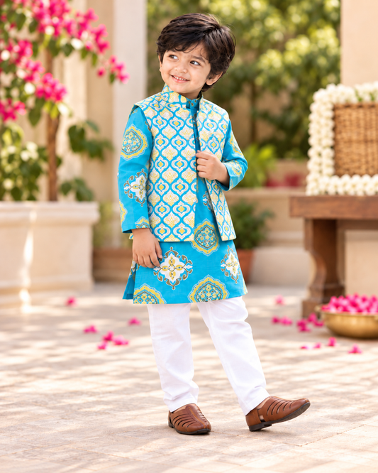Boys Pure Cotton Printed Kurta Pajama with Nehru Jacket Set  | 1–10 Years