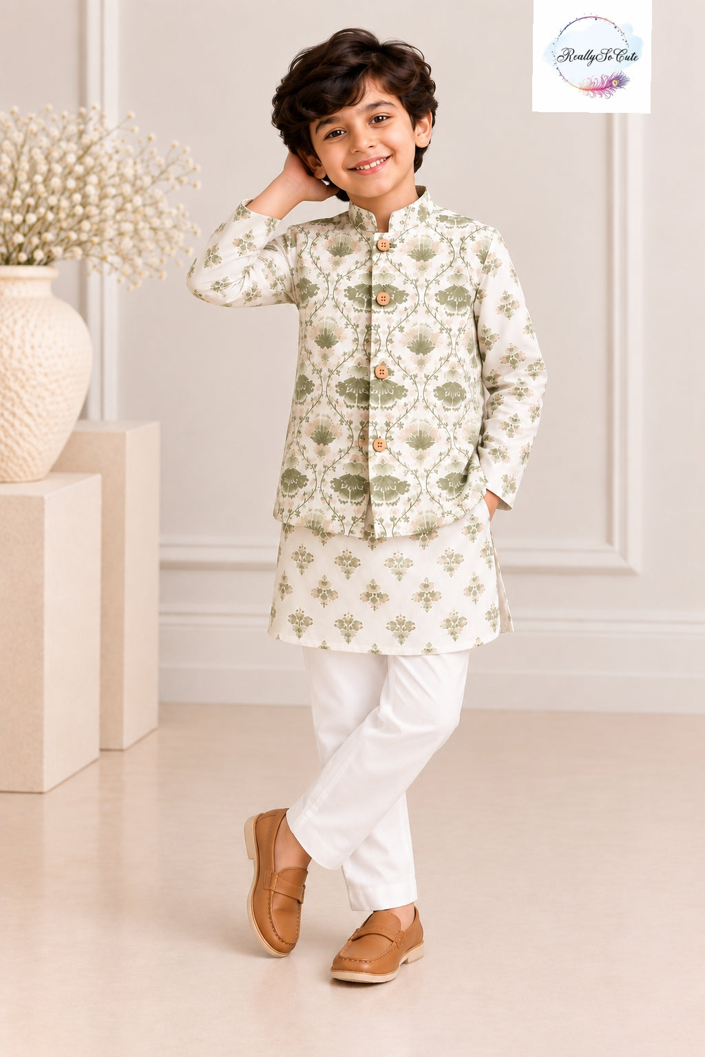 Boys Ivory & Olive Green Floral Pure Cotton Kurta Pajama with Jacket | Kids Ethnic Wear