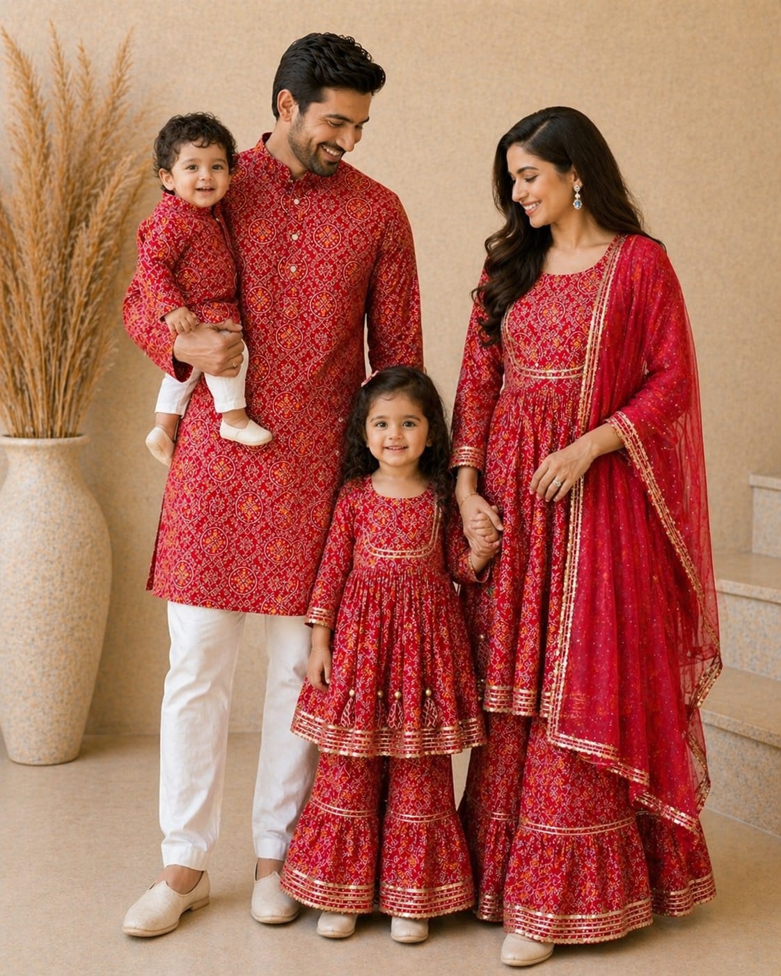 Red Bandhani Print Pure Cotton Men’s Kurta Pajama Set | Ethnic Festive Wear | Sizes S–XXXL | Family Combo Available