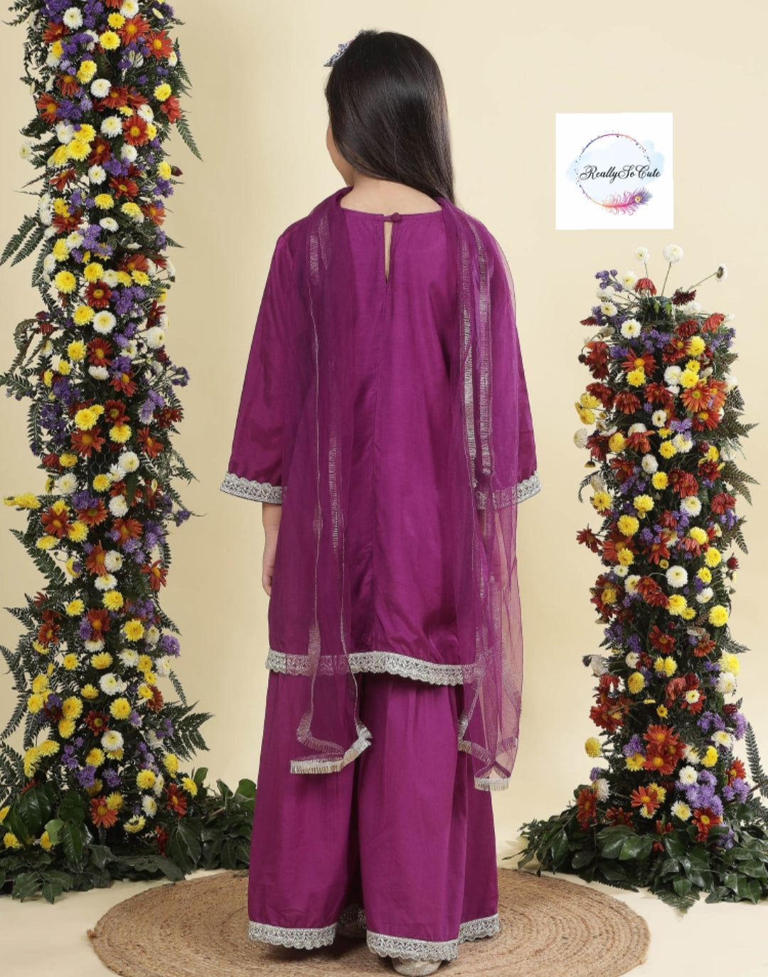 Purple silk kurti sharara dupatta set, Muslin silk kurta sharara