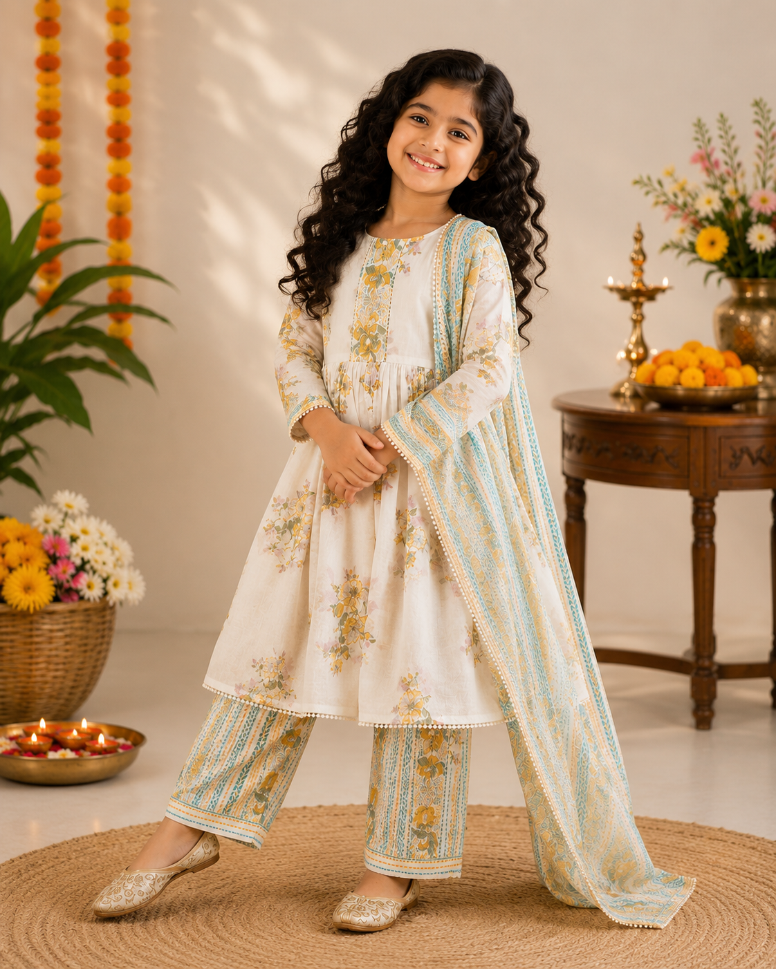 Ivory & Golden Yellow Floral Pure Cotton Anarkali Set for Girls