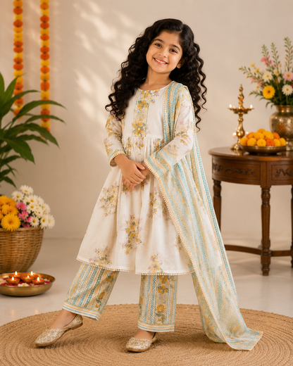 Ivory & Golden Yellow Floral Pure Cotton Anarkali Set for Girls