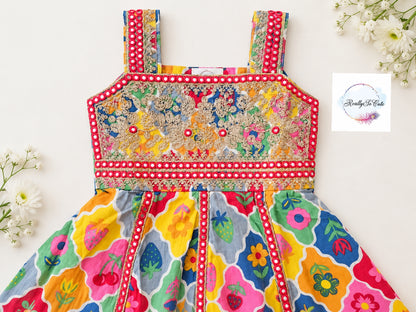 Girls Multicolor Floral Print Pure Cotton Kurti & Pant Set with Mirror Work |