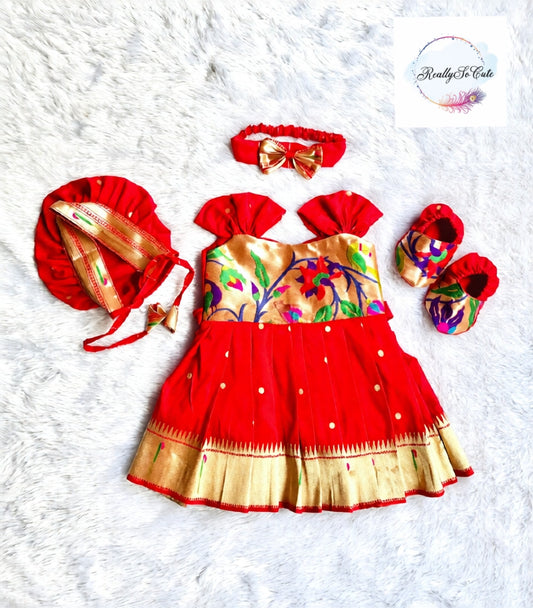 Newborn paithani naming dress set, Indian baby shower gift, annaprasanna set