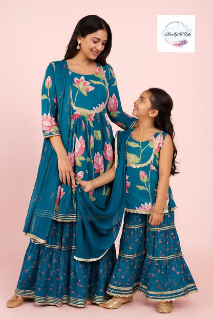 Blue pichwai sharara set, kurti sharara women