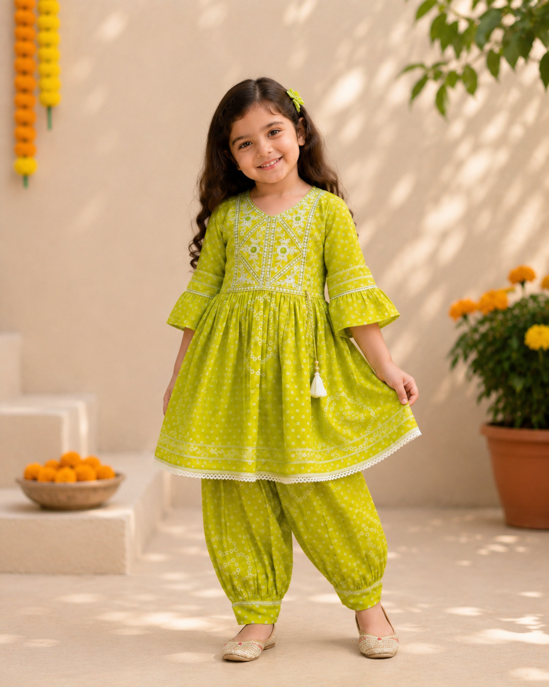 Lime Green Pure Cotton Girls Dhoti Set | ReallySoCute