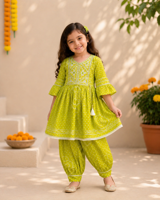Lime Green Pure Cotton Girls Dhoti Set | ReallySoCute