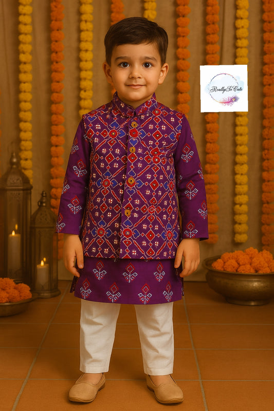 Boys' patola purple kurta pajama with jacket, cotton kurta pajama