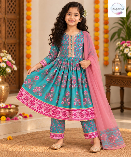 Teal & Pink Floral Pure Cotton Anarkali Set for Girls