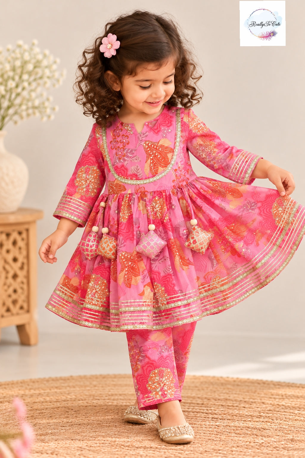 Pretty in Pink Floral Peplum Kurti & Pant Set for Girls