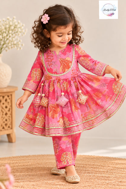 Pretty in Pink Floral Peplum Kurti & Pant Set for Girls
