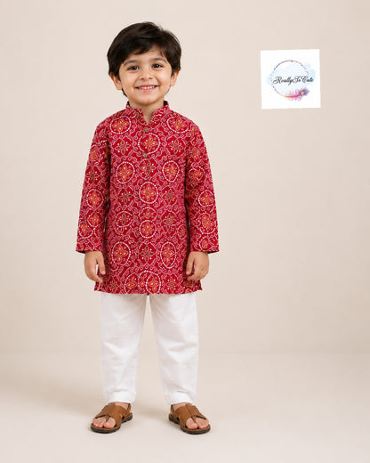 Red Bandhani Print Boys Kurta Pajama Set in Soft Cotton, Kids Bandhani Outfit USA