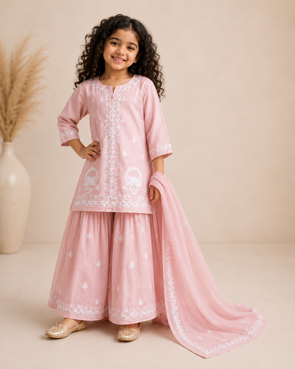 Girls Blush Pink Pure Georgette 4-Piece Handwork Chikankari Sharara Set