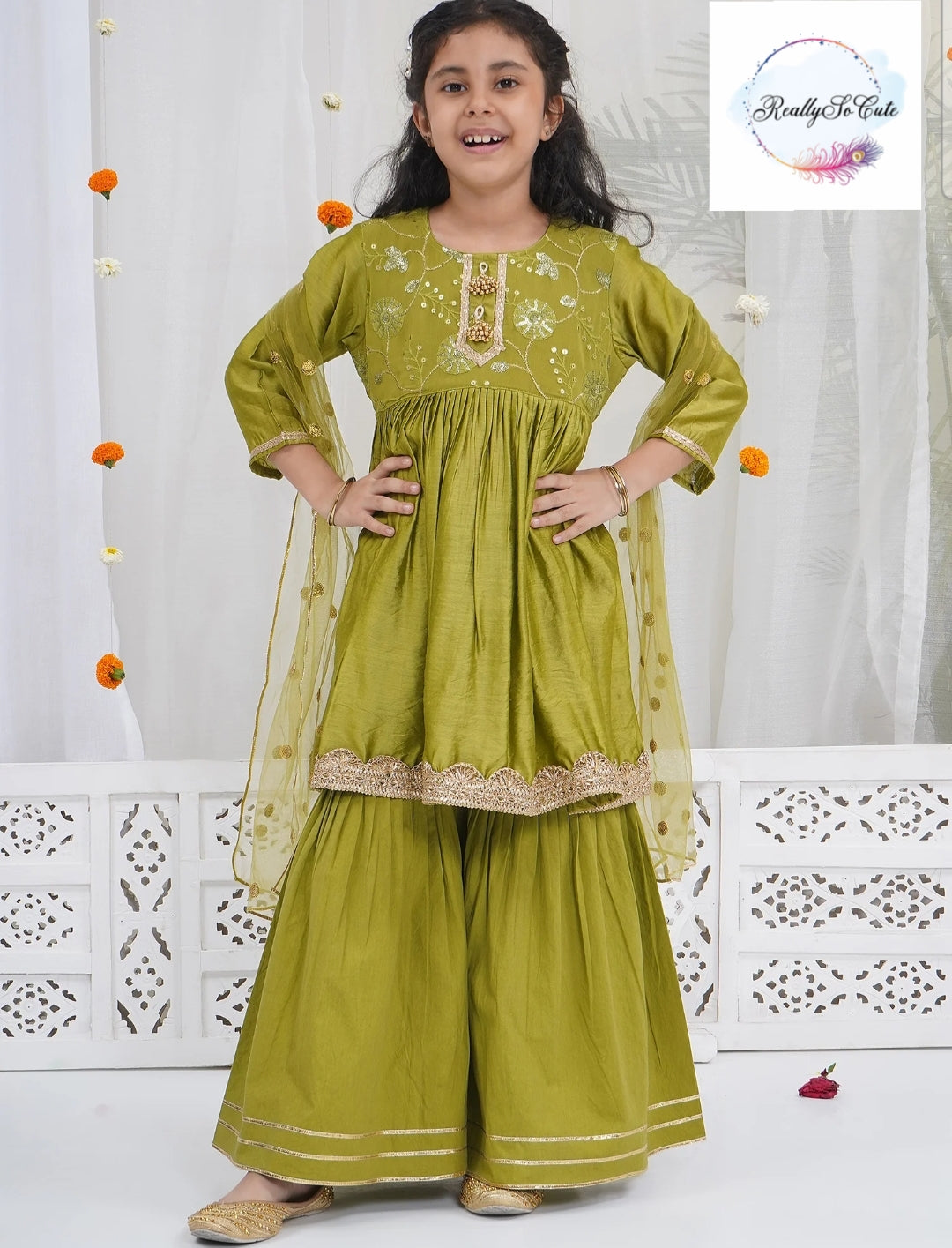 Chanderi girl 3 piece sharara Kurti set