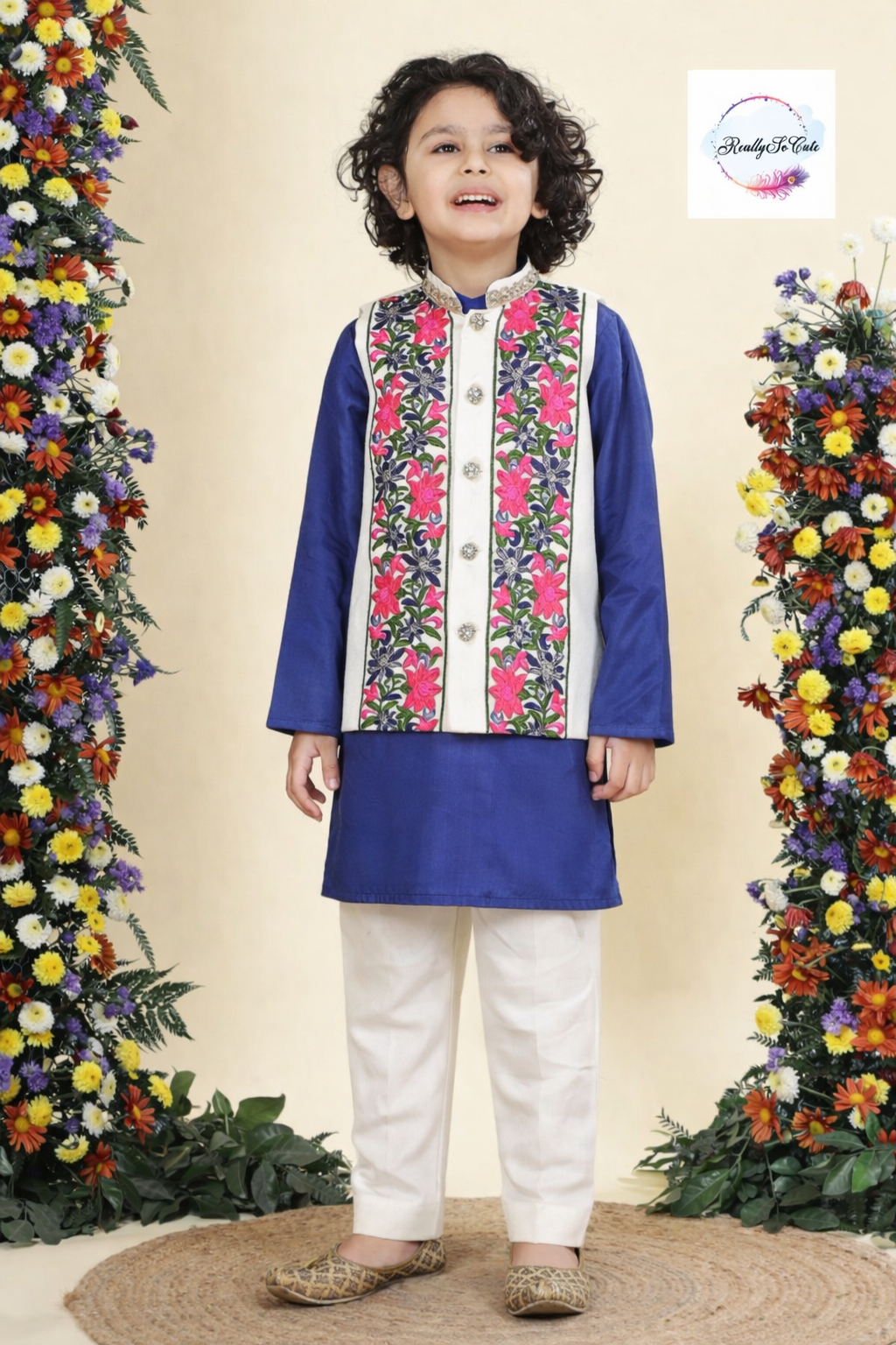 Royal Bloom Chanderi Silk Kurta Set for Boys – Ivory Floral Jacket & Pajama | Sibling Combo Available