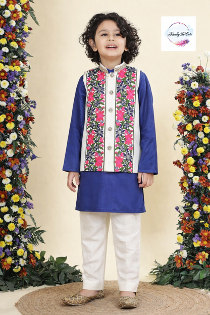 Royal Bloom Chanderi Silk Kurta Set for Boys – Ivory Floral Jacket & Pajama | Sibling Combo Available
