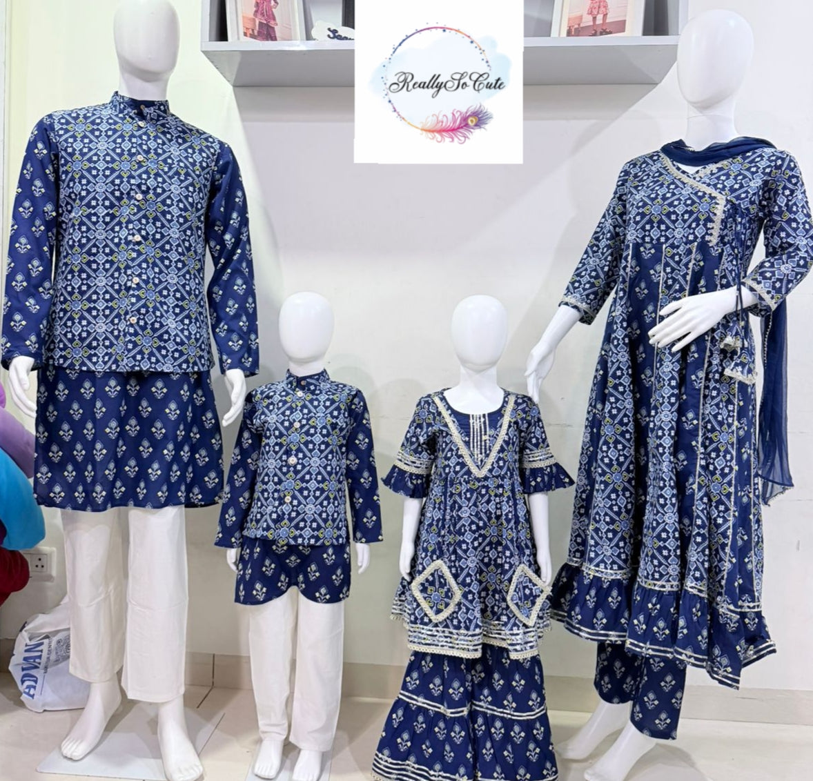 Men's patola print cotton kurta pajama, blue kurta set with jacket.