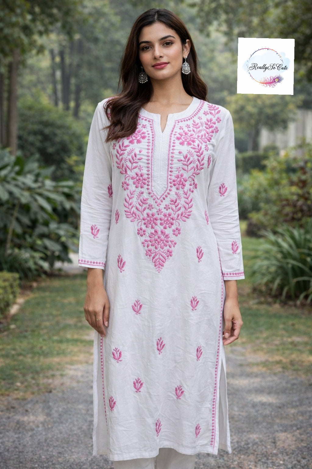 White with pink embroidery long chikankari kurti