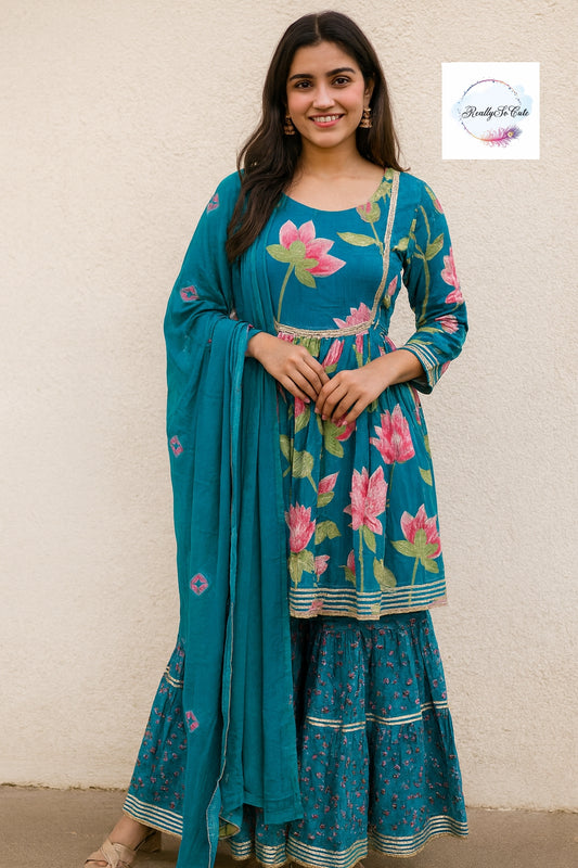 Blue pichwai sharara set, kurti sharara women