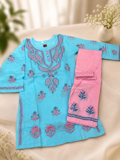 Girls Aqua Blue Handwork Chikankari Pure Cotton Kurta Pant Set