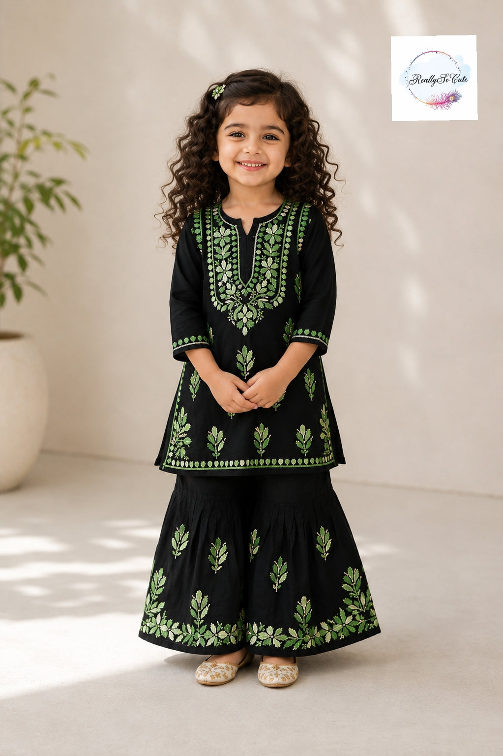 Girls Black & Green Handwork Chikankari Sharara Set | Soft Cotton