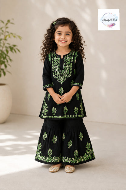 Girls Black & Green Handwork Chikankari Sharara Set | Soft Cotton