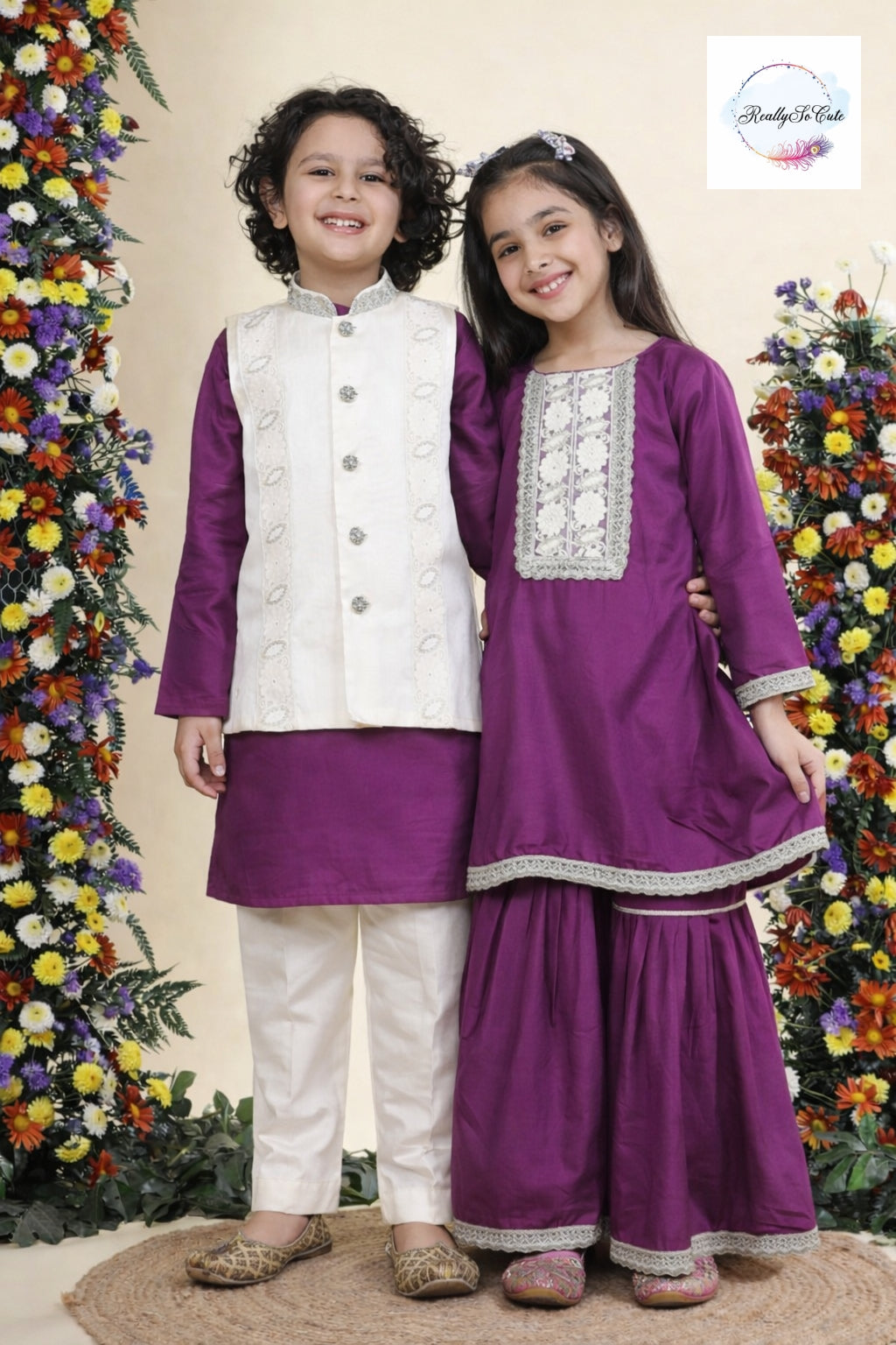 Royal Amethyst Chanderi Silk Kurta Set for Boys – Purple Floral Jacket & Ivory Pajama | Sibling Combo Available