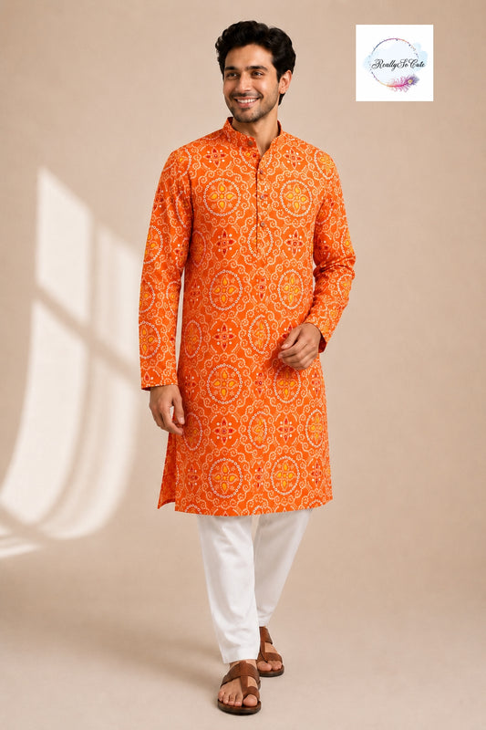 Orange Bandhani Print Pure Cotton Men’s Kurta Pajama Set | Sizes S–XXXL | Family Combo Available