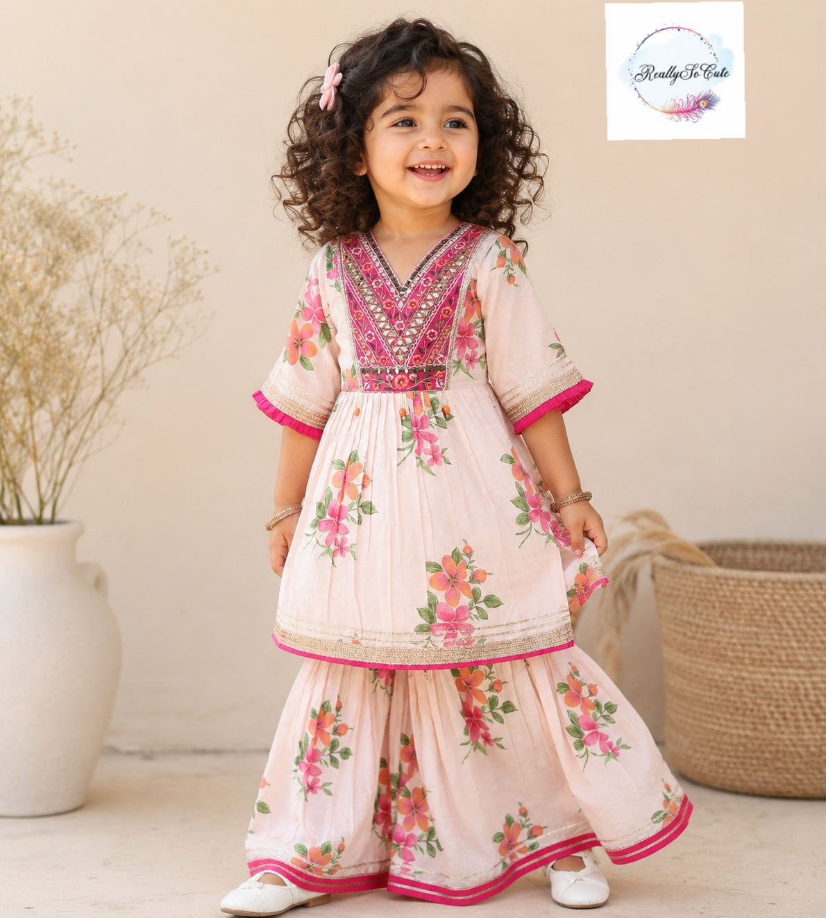 Blush Pink Floral Cotton Sharara Set for Girls | Embroidered Ethnic Wear with Tassel Tie | Sizes 3M–10 Years