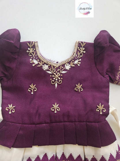 Deep Plum & Ivory Pattu Baby Girl Dress with Handwork | Semi Silk