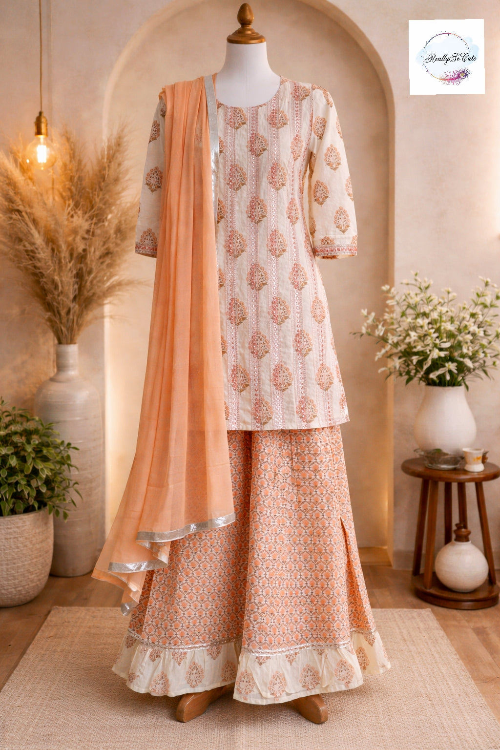 Peach Block Print Cotton Kurta & Sharara Set for Women (Mom Only), block print set
