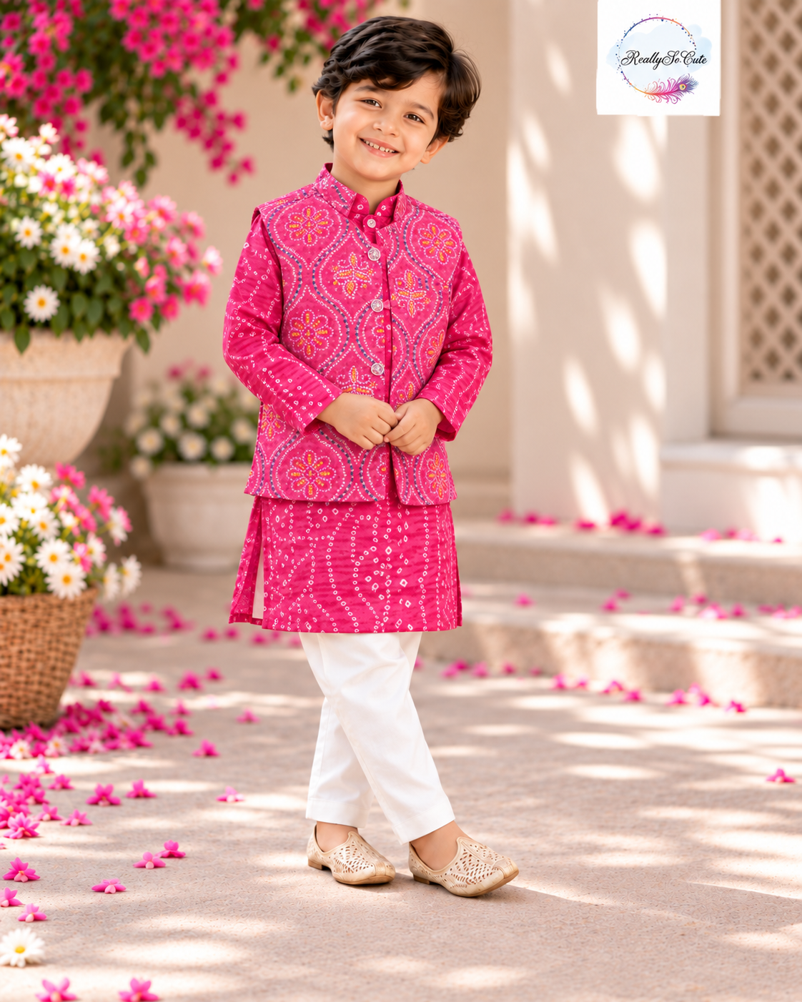 Boys Pink Bandhani Kurta Pajama Jacket Set